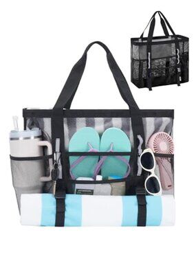Mesh Beach Bag for Women, Large Beach Tote Bags with 40oz Tumbler Side
